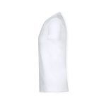 A white V-neck adult T-shirt displayed from the side view, featuring short sleeves and a simple design.