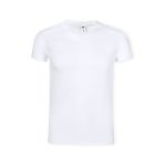 A plain white adult V-neck T-shirt featuring a logo on the label.