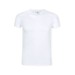 A plain white adult V-neck T-shirt featuring a small logo on the side.