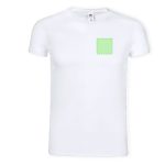A white adult V-neck t-shirt with a green logo or design area on the front.