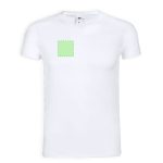 A white adult v-neck t-shirt featuring a logo on the left chest area.