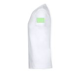 A white v-neck adult t-shirt featuring a patch area on the left sleeve for logo or branding.