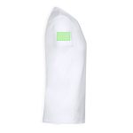 A white adult V-neck T-shirt with a plain design and a branding area on the sleeve.
