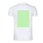 A white adult V-neck t-shirt featuring a blank green rectangular area on the back.