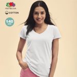 A white women's V-neck T-shirt made from cotton, featuring a relaxed fit and short sleeves.