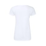 A white women’s V-neck T-shirt with short sleeves and a plain back design. It features a logo.