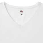 A white V-neck women's T-shirt with a label and a branding logo at the neckline.