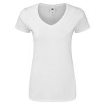 A white women’s V-neck T-shirt with short sleeves and a fitted design. It features a small logo.