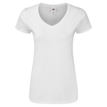 A white women's V-neck T-shirt with short sleeves and a branded label on the neckline.