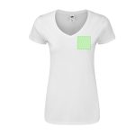 A white women's V-neck T-shirt featuring a dashed square outline on the front. It has a logo on the label.