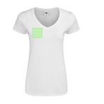 A women's white V-neck T-shirt featuring a logo placement area. It has short sleeves and a fitted design.
