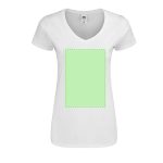 A white women’s V-neck T-shirt featuring a blank green rectangular area in the centre and a logo.