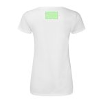 A white women's V-neck T-shirt featuring short sleeves and a logo on the back.