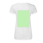 A white V-neck women's T-shirt featuring a blank green rectangular area on the back. Includes a logo.
