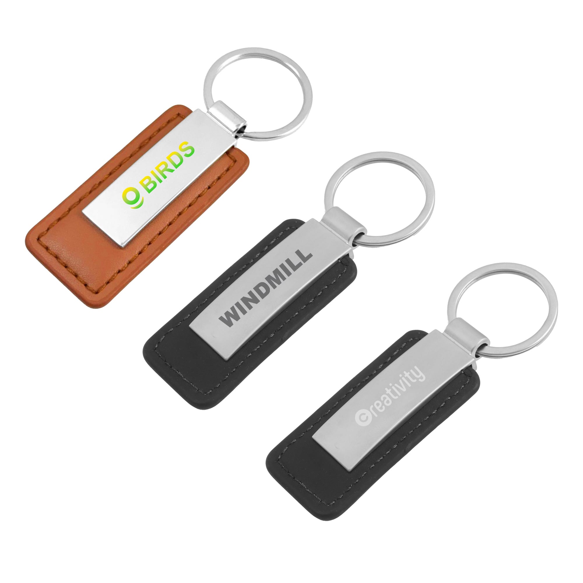 PU leather keyrings in brown and black, featuring a metal attachment and logos on the leather tags. PU Leather Metal Keyring A - Image 1