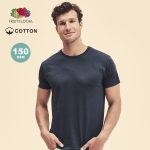 A model wearing a navy blue cotton t-shirt with a logo. The shirt features a classic crew neck design.