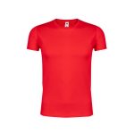 A vibrant red adult T-shirt with a classic crew neck and short sleeves, featuring a logo on the label.
