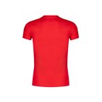 A red adult t-shirt with a fitted design and a simple, unembellished back. The shirt features a logo.