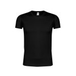 A black adult T-shirt with a crew neck and short sleeves, featuring a logo on the label.