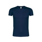 A navy blue adult t-shirt featuring a simple design and a logo on the label.