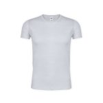 A plain white adult t-shirt with a round neck and short sleeves, featuring a logo at the label.