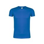 A blue adult t-shirt with a round neck and short sleeves, featuring a brand logo.