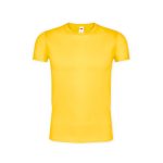 A yellow adult T-shirt featuring a simple design and a tag at the neckline. It has a logo on the label.