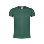 A green adult T-shirt with short sleeves and a simple design, featuring a tag inside.