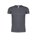 A grey adult T-shirt with a classic round neck and short sleeves, featuring a logo on the label.