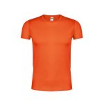 An orange adult T-shirt with a classic crew neck and short sleeves. Features a logo on the label.