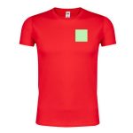 A red adult T-shirt featuring a small green square patch on the front. The shirt has a logo.