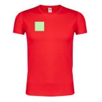 A red adult T-shirt featuring a small green square on the front. The shirt has a logo on the label.