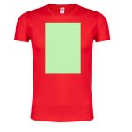 A red adult t-shirt with a blank green rectangular area on the front and a logo on the label.