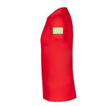 A red adult colour T-shirt with a green patch on the sleeve. It features a fitted design.