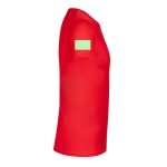 A red adult t-shirt with a short sleeve and a solid-coloured patch on the sleeve.