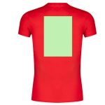 A red adult t-shirt featuring a solid green rectangular area on the back and a branding logo.
