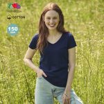 A navy blue women's v-neck t-shirt made of cotton, featuring a logo and set against a grassy background.