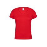 A red V-neck women's T-shirt with a fitted design and a logo on the label.