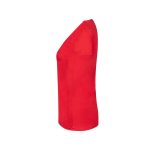 A red V-neck women's t-shirt with short sleeves, featuring a smooth fabric and subtle branding.