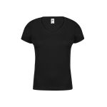 A black women's V-neck T-shirt with a fitted style and a logo on the label.