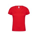 A red V-neck women's t-shirt featuring a fitted design and a logo on the label.