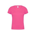A pink, women’s V-neck T-shirt featuring short sleeves and a tag inside. The shirt has a logo at the collar.