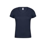 A navy blue V-neck women's T-shirt with a fitted design and a logo on the label.