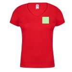 A red v-neck women's T-shirt featuring a square patch area. The shirt has a logo on the label.