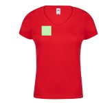 A red women's V-neck T-shirt with a logo on the front. The fabric appears smooth and fitted.