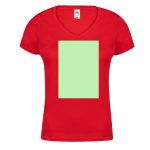 A red V-neck women's T-shirt featuring a blank green rectangular area. The shirt has a logo on the label.