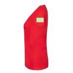 A red women's V-neck T-shirt with a green patch on the sleeve, featuring a logo.