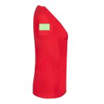 A red women's V-neck T-shirt with a small branding patch on the sleeve.