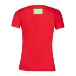 A red women's V-neck T-shirt with a blank area on the back for branding.