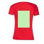 A red women's V-neck T-shirt with a blank green rectangle on the back and a logo on the front.